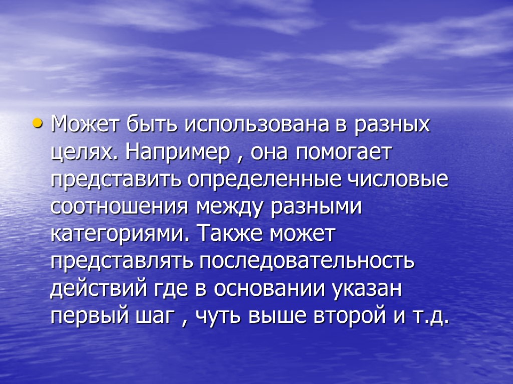 Может быть использована в разных целях. Например , она помогает представить определенные числовые соотношения